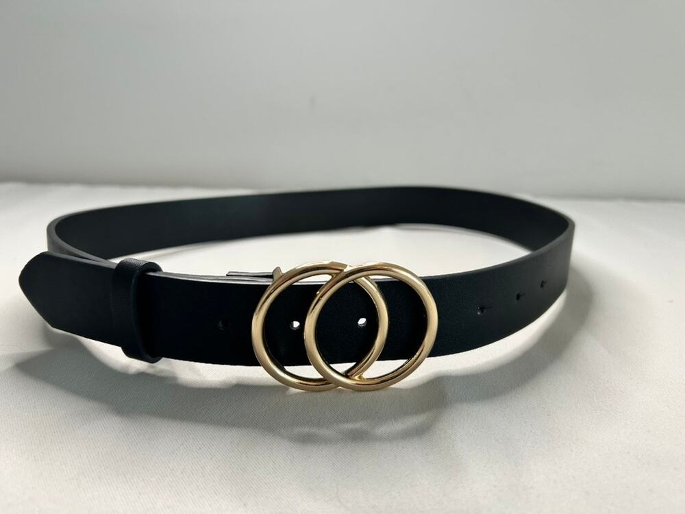 Black Faux Leather Belt Gold Double Ring Buckle Womens Adjustable Minimalist